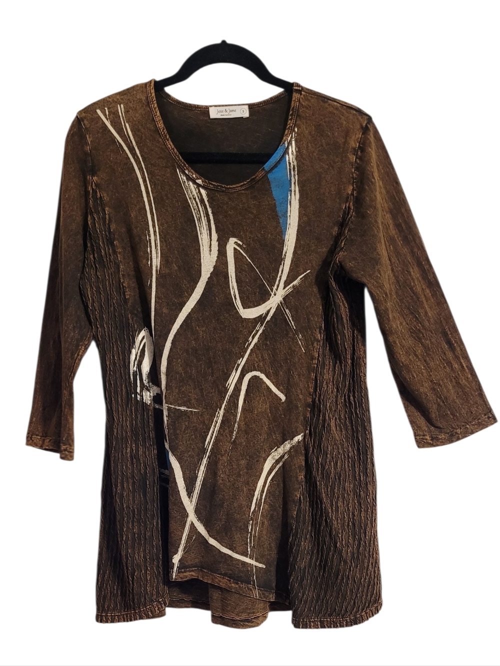 Jess & Jane Brown Abstract Brushstrokes Crinkle Accent Cotton Tunic Top S Boho